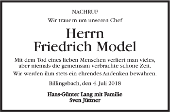 Traueranzeige von Friedrich Model von Hohenloher Tagblatt