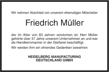 Traueranzeige von Friedrich Müller von Geislinger Zeitung