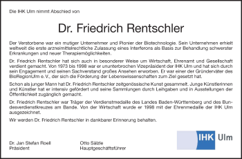 Traueranzeige von Friedrich Rentschler von SÜDWEST PRESSE Ausgabe Ulm/Neu-Ulm