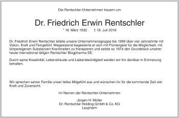 Traueranzeige von Friedrich Erwin Rentschler von SÜDWEST PRESSE