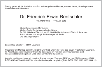 Traueranzeige von Friedrich Erwin Rentschler von SÜDWEST PRESSE