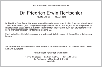 Traueranzeige von Friedrich Erwin Rentschler von NWZ Neue Württembergische Zeitung