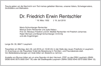 Traueranzeige von Friedrich Erwin Rentschler von NWZ Neue Württembergische Zeitung