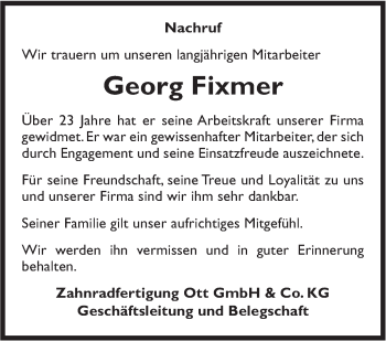 Traueranzeige von Georg Fixmer von Hohenzollerische Zeitung