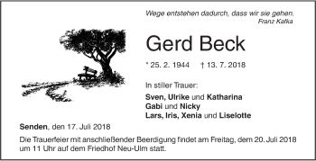 Traueranzeige von Gerd Beck von SÜDWEST PRESSE Ausgabe Ulm/Neu-Ulm