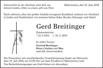 Traueranzeige von Gerd Breitinger von Alb-Bote/Metzinger-Uracher Volksblatt