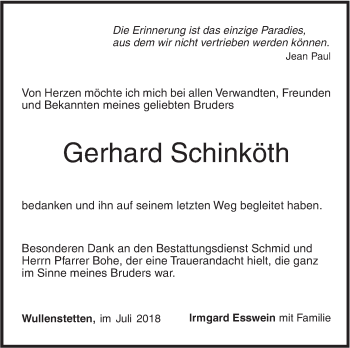 Traueranzeige von Gerhard Schinköth von SÜDWEST PRESSE Ausgabe Ulm/Neu-Ulm