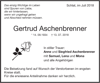 Traueranzeige von Gertrud Aschenbrenner von NWZ Neue Württembergische Zeitung