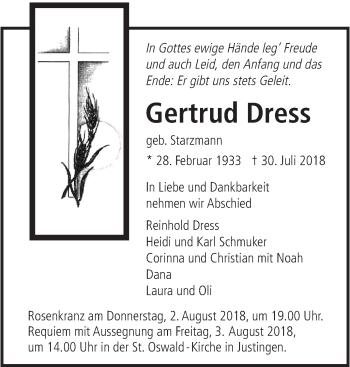 Traueranzeige von Gertrud Dress von Metzinger-Uracher Volksblatt