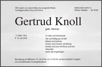 Traueranzeige von Gertrud Knoll von Alb-Bote/Metzinger-Uracher Volksblatt