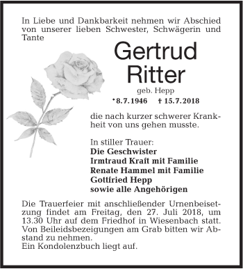 Traueranzeige von Gertrud Ritter von Hohenloher Tagblatt