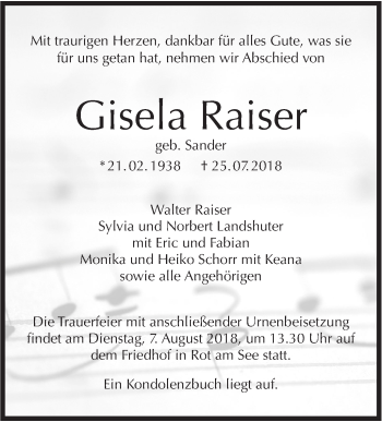 Traueranzeige von Gisela Raiser von Hohenloher Tagblatt