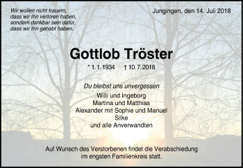 Traueranzeige von Gottlob Tröster von Hohenzollerische Zeitung