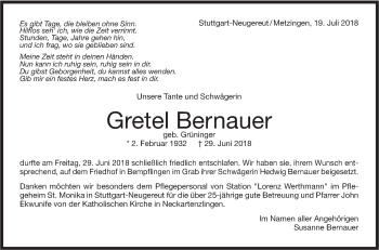 Traueranzeige von Gretel Bernauer von Metzinger-Uracher Volksblatt