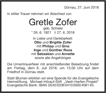 Traueranzeige von Gretl Zofer von NWZ Neue Württembergische Zeitung