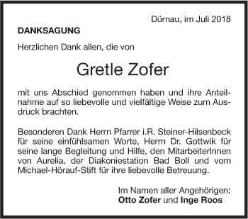 Traueranzeige von Gretle Zofer von NWZ Neue Württembergische Zeitung