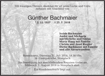 Traueranzeige von Günther Bachmaier von Hohenloher Tagblatt