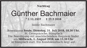 Traueranzeige von Günther Bachmaier von Hohenloher Tagblatt