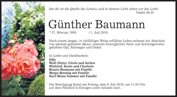 Traueranzeige von Günther Baumann von Metzinger-Uracher Volksblatt