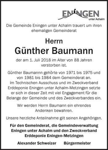 Traueranzeige von Günther Baumann von Metzinger-Uracher Volksblatt