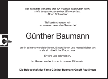 Traueranzeige von Günther Baumann von Metzinger-Uracher Volksblatt