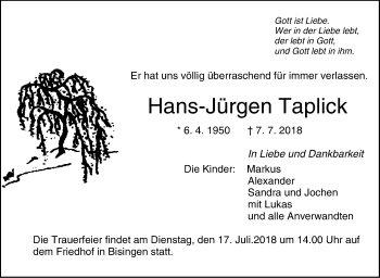 Traueranzeige von Hans-Jürgen Taplick von Hohenzollerische Zeitung