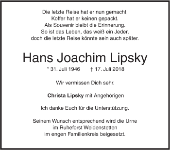 Traueranzeige von Hans Joachim Lipsky von SÜDWEST PRESSE Ausgabe Ulm/Neu-Ulm