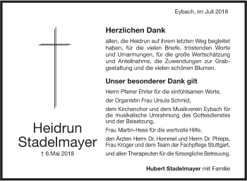 Traueranzeige von Heidrun Stadelmayer von Geislinger Zeitung