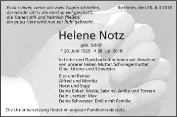 Traueranzeige von Helene Notz von Alb-Bote/Metzinger-Uracher Volksblatt