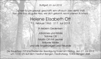 Traueranzeige von Helene Elisabeth Ott von Hohenzollerische Zeitung