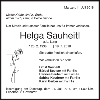 Traueranzeige von Helga Sauheitl von NWZ Neue Württembergische Zeitung