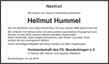 Traueranzeige von Hellmut Hummel von Ehinger Tagblatt