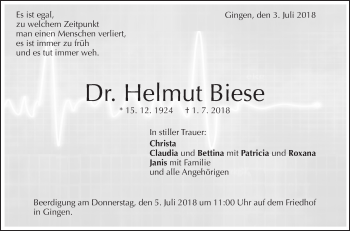 Traueranzeige von Helmut Biese von Geislinger Zeitung