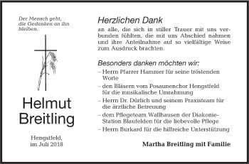 Traueranzeige von Helmut Breitling von Hohenloher Tagblatt