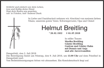 Traueranzeige von Helmut Breitling von Hohenloher Tagblatt