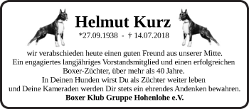 Traueranzeige von Helmut Kurz von Haller Tagblatt