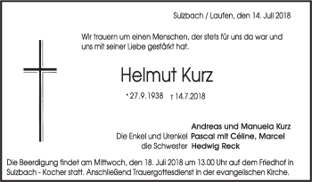 Traueranzeige von Helmut Kurz von Rundschau Gaildorf