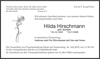 Traueranzeige von Hilda Hirschmann von Hohenloher Tagblatt