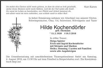 Traueranzeige von Hilde Kochendörfer von Hohenloher Tagblatt