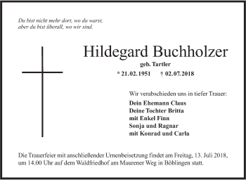 Traueranzeige von Hildegard Buchholzer von Hohenloher Tagblatt