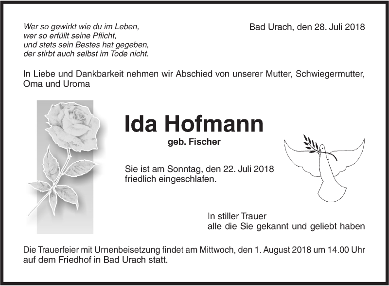  Traueranzeige für Ida Hofmann vom 28.07.2018 aus Metzinger-Uracher Volksblatt