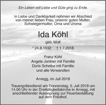 Traueranzeige von Ida Köhl von SÜDWEST PRESSE Ausgabe Ulm/Neu-Ulm