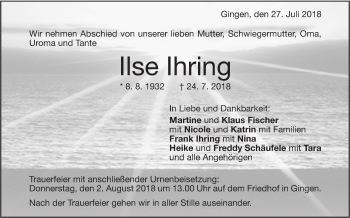 Traueranzeige von Ilse Ihring von Geislinger Zeitung