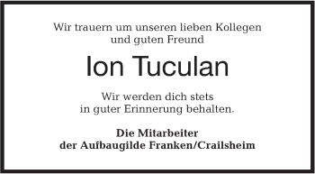 Traueranzeige von Ion Tuculan von Hohenloher Tagblatt