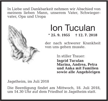 Traueranzeige von Ion Tuculan von Hohenloher Tagblatt