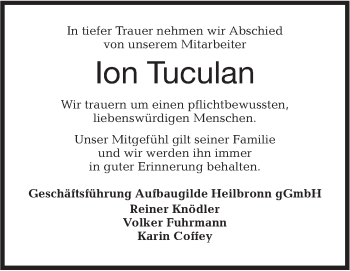 Traueranzeige von Ion Tuculan von Hohenloher Tagblatt