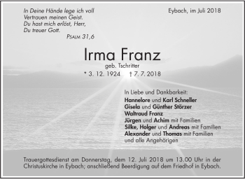 Traueranzeige von Irma Franz von Geislinger Zeitung