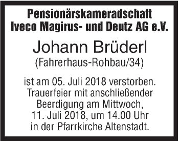 Traueranzeige von Johann Brüderl von SÜDWEST PRESSE Ausgabe Ulm/Neu-Ulm