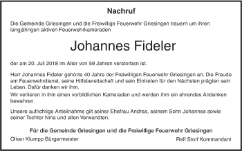 Traueranzeige von Johannes Fideler von Ehinger Tagblatt