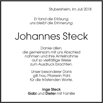 Traueranzeige von Johannes Steck von Geislinger Zeitung